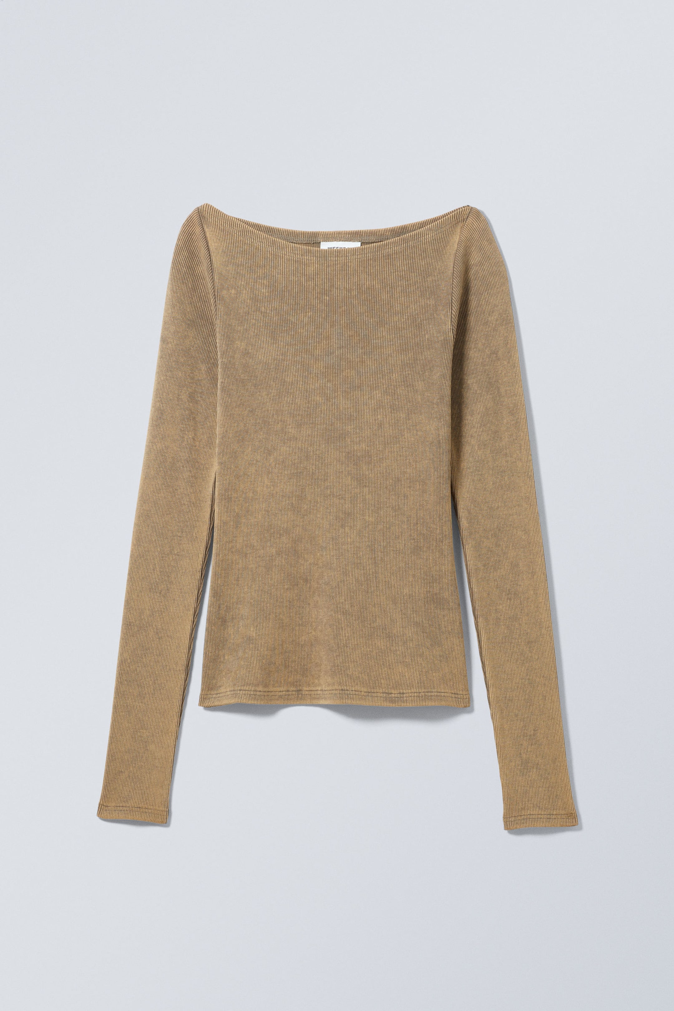 Dark Beige - Rib Fitted Long Sleeve Boatneck - 0