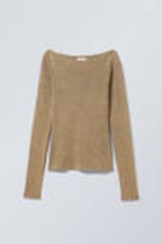 Dark Beige - Rib Fitted Long Sleeve Boatneck - 0