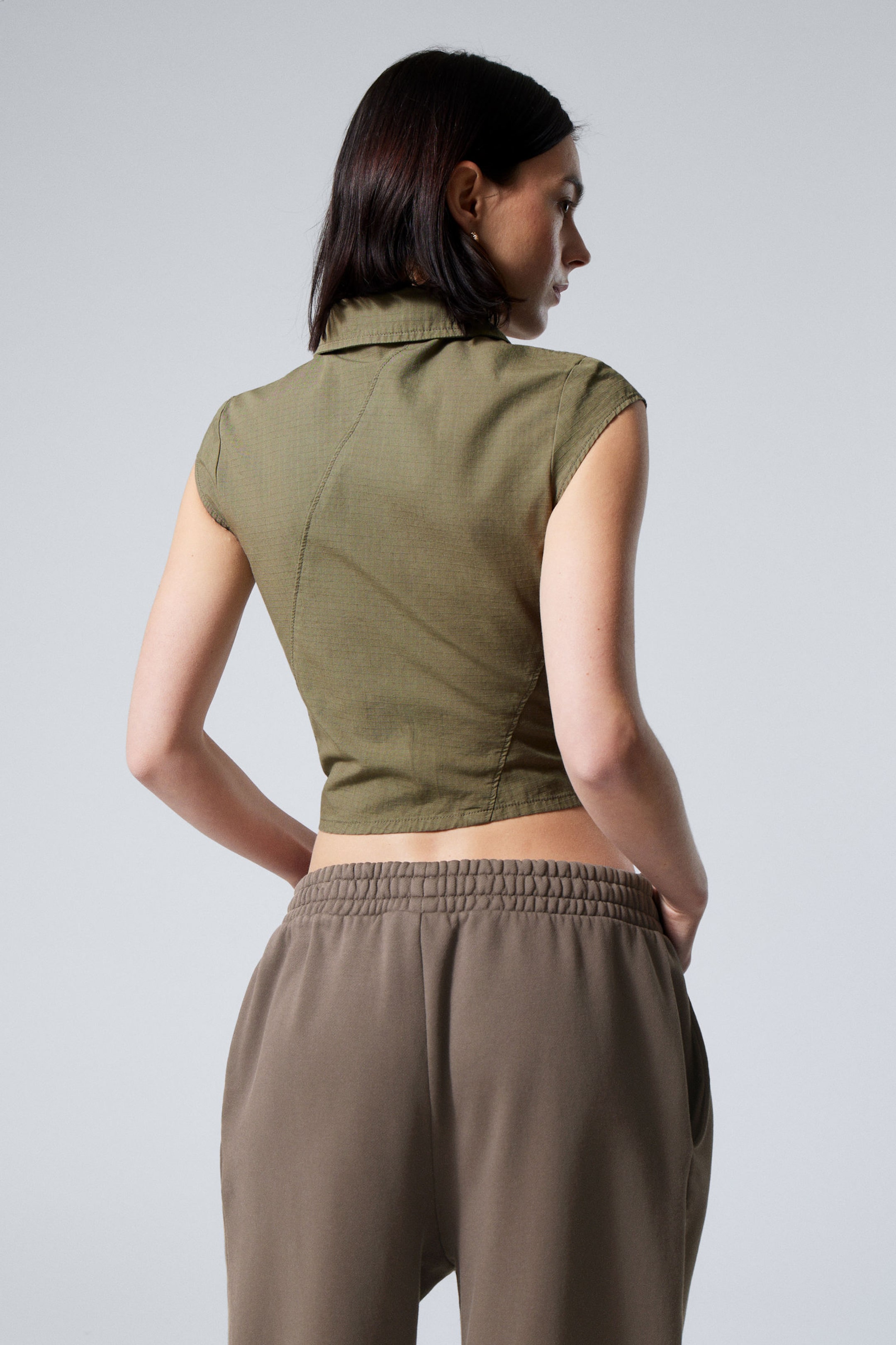 Dark Khaki Green - Cap-Sleeved Asymmetric Ripstop Top - 3