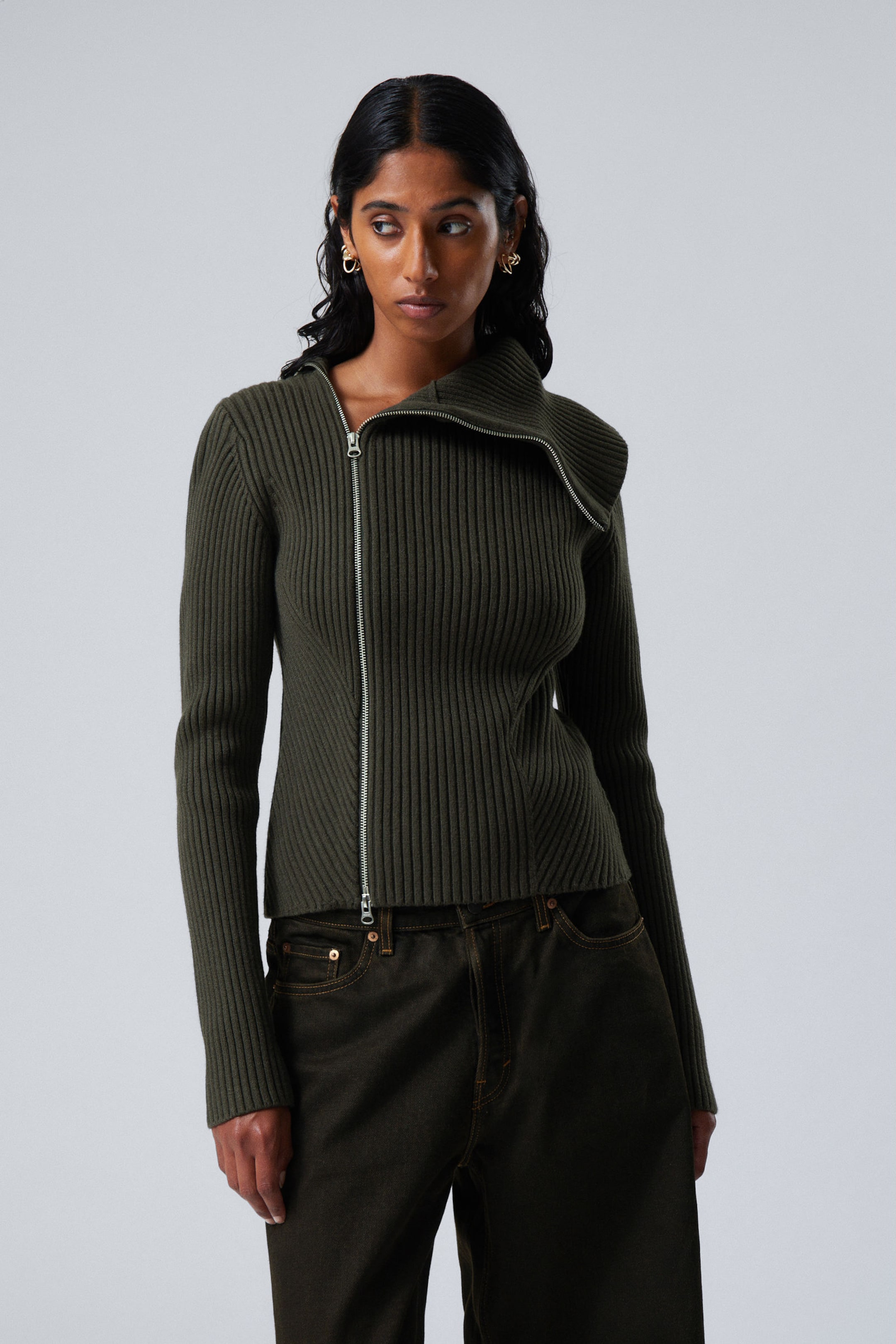 Dark Khaki Green - Slim Knitted Zip Cardigan - 0