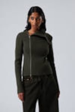 Dark Khaki Green - Slim Knitted Zip Cardigan - 0