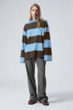 Blue & Brown Stripes - Long-Sleeved Oversized Cotton T-shirt - 1