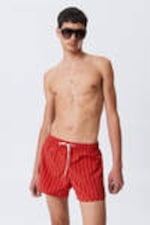 Striped Red - Striped Structured Mid-Thigh Swim Shorts - 0