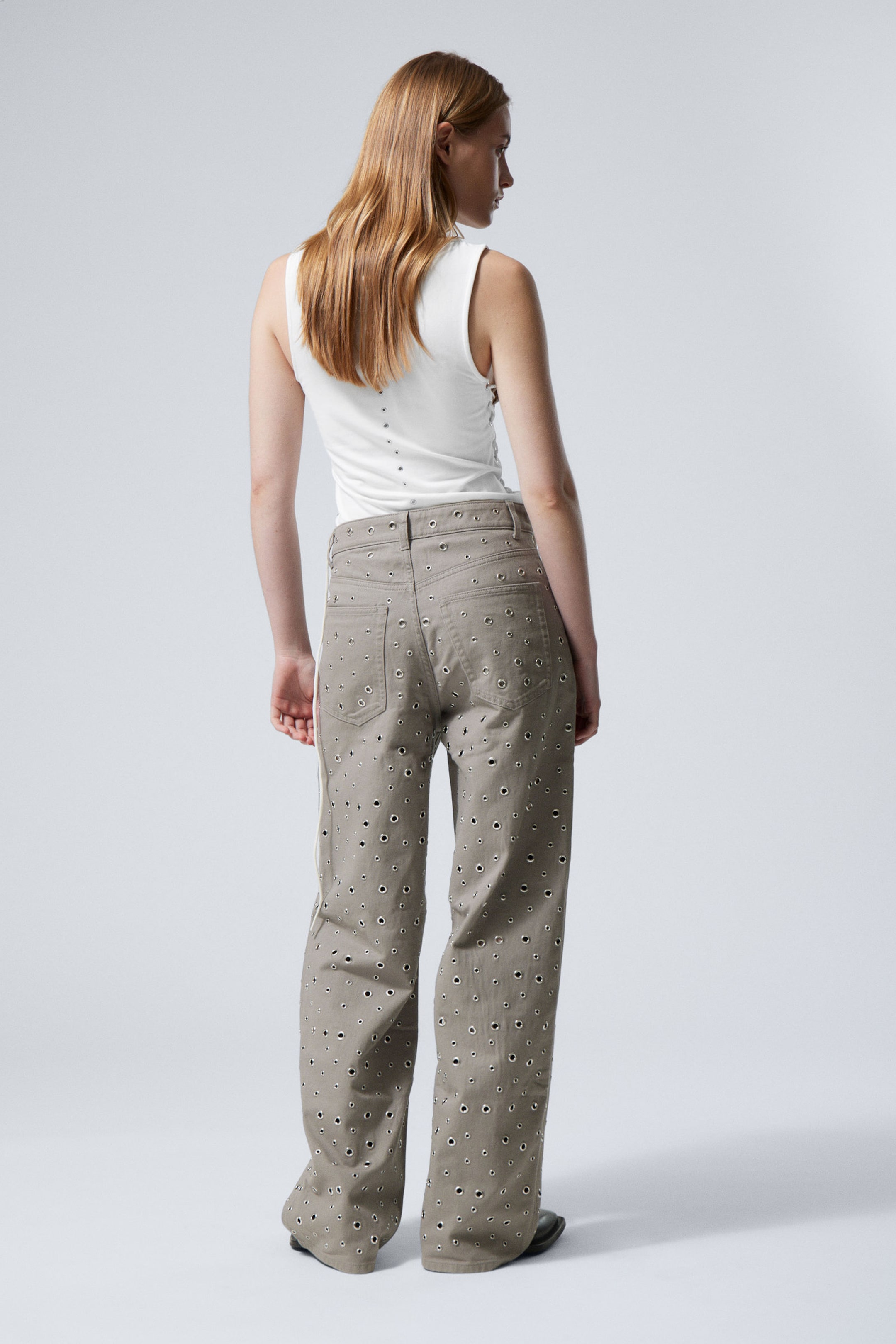 Dusty Mole - Low Waist Loose Wide Leg Eyelet Twill Trousers - 4