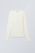 White - Sheer Rib Long Sleeve Henley Top - 2