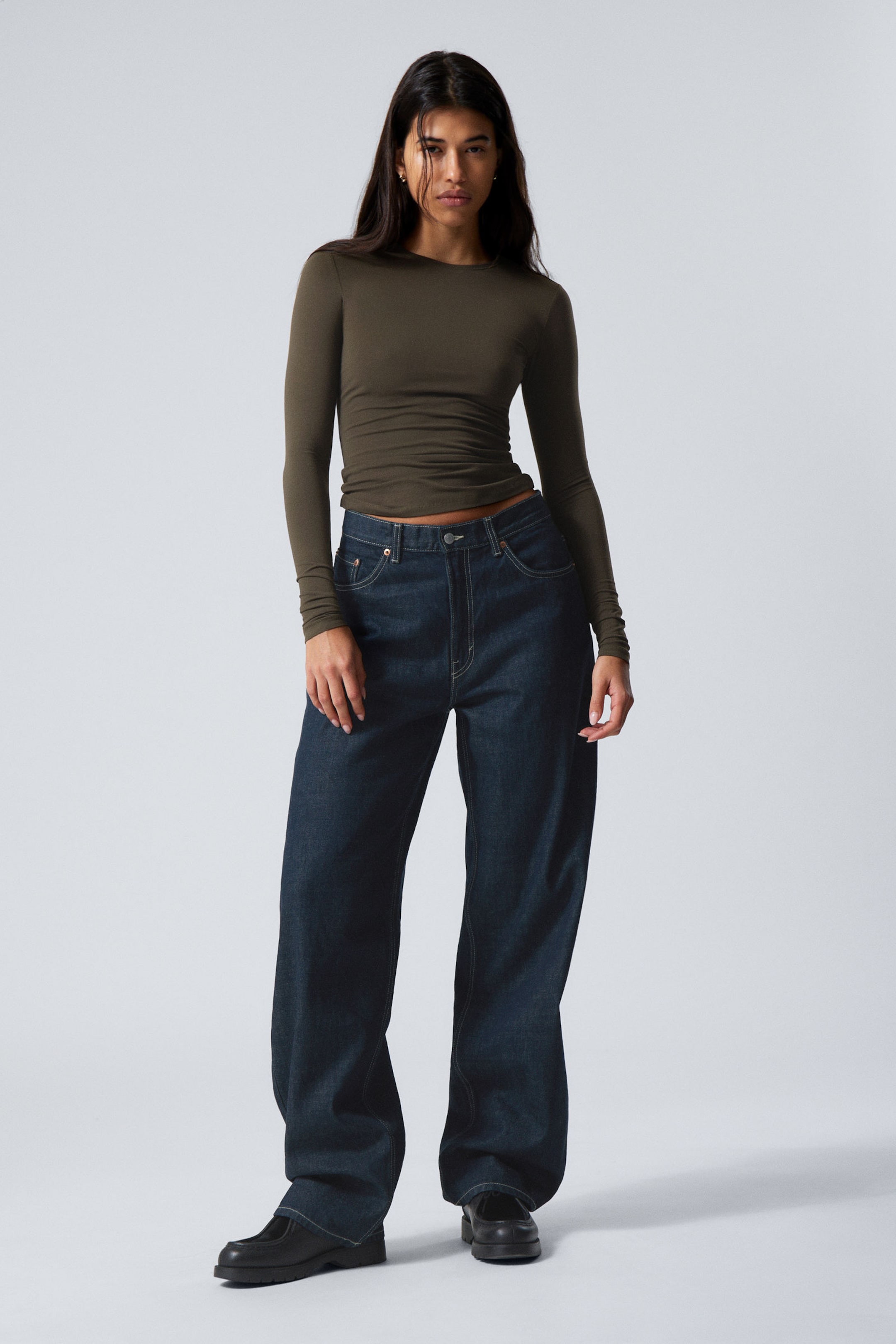 Blue Rinse - Dark Blue - Rail Mid Rise Loose Wide Leg Jeans - 0