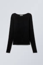 Black - Boatneck Long Sleeve Top - 2