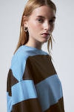 Blue & Brown Stripes - Long-Sleeved Oversized Cotton T-shirt - 4