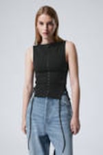 Black - Sleeveless Lacing Boat-Neck Eyelet Top - 0