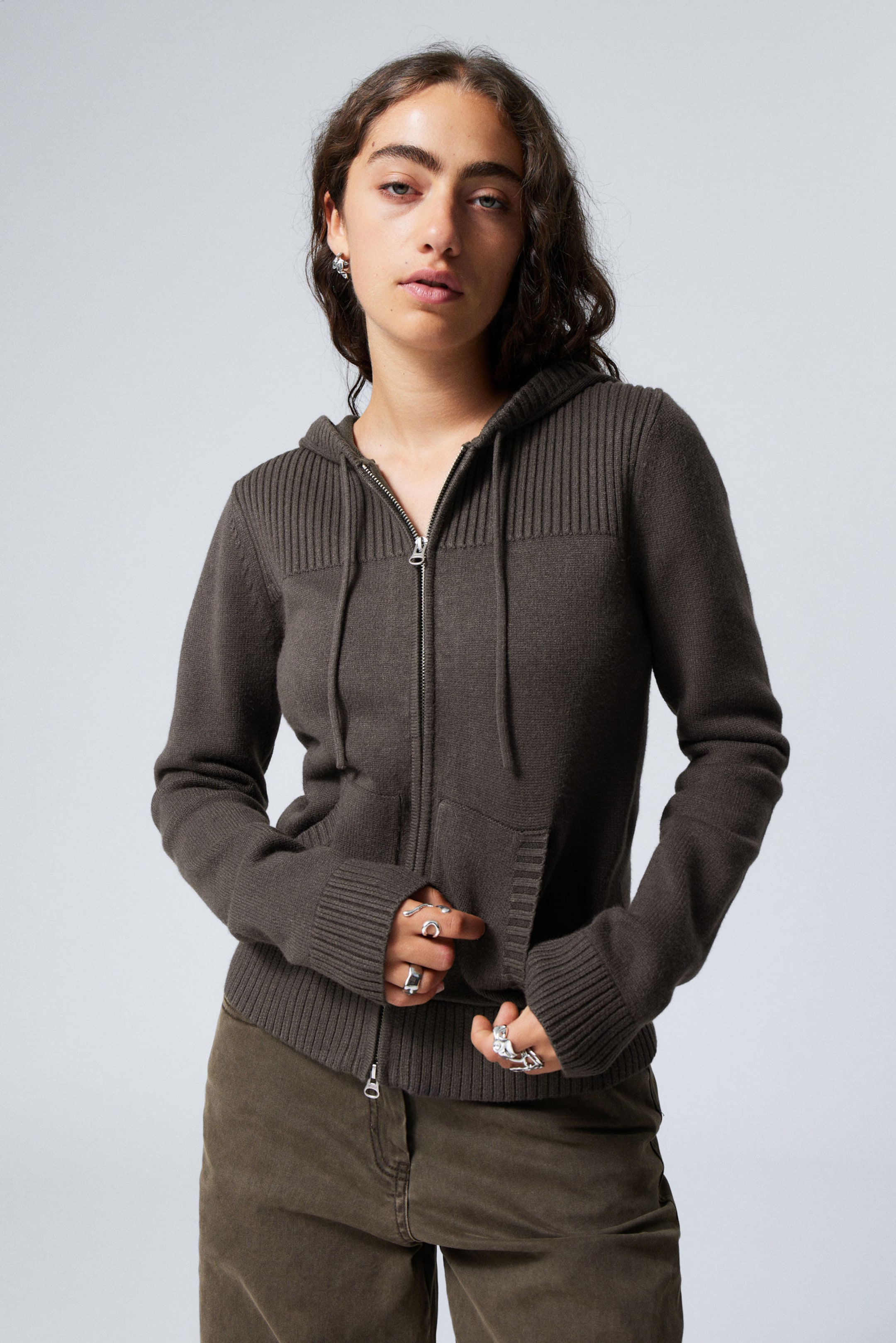 #444240 - Compact Knitted Zip Hoodie - 1