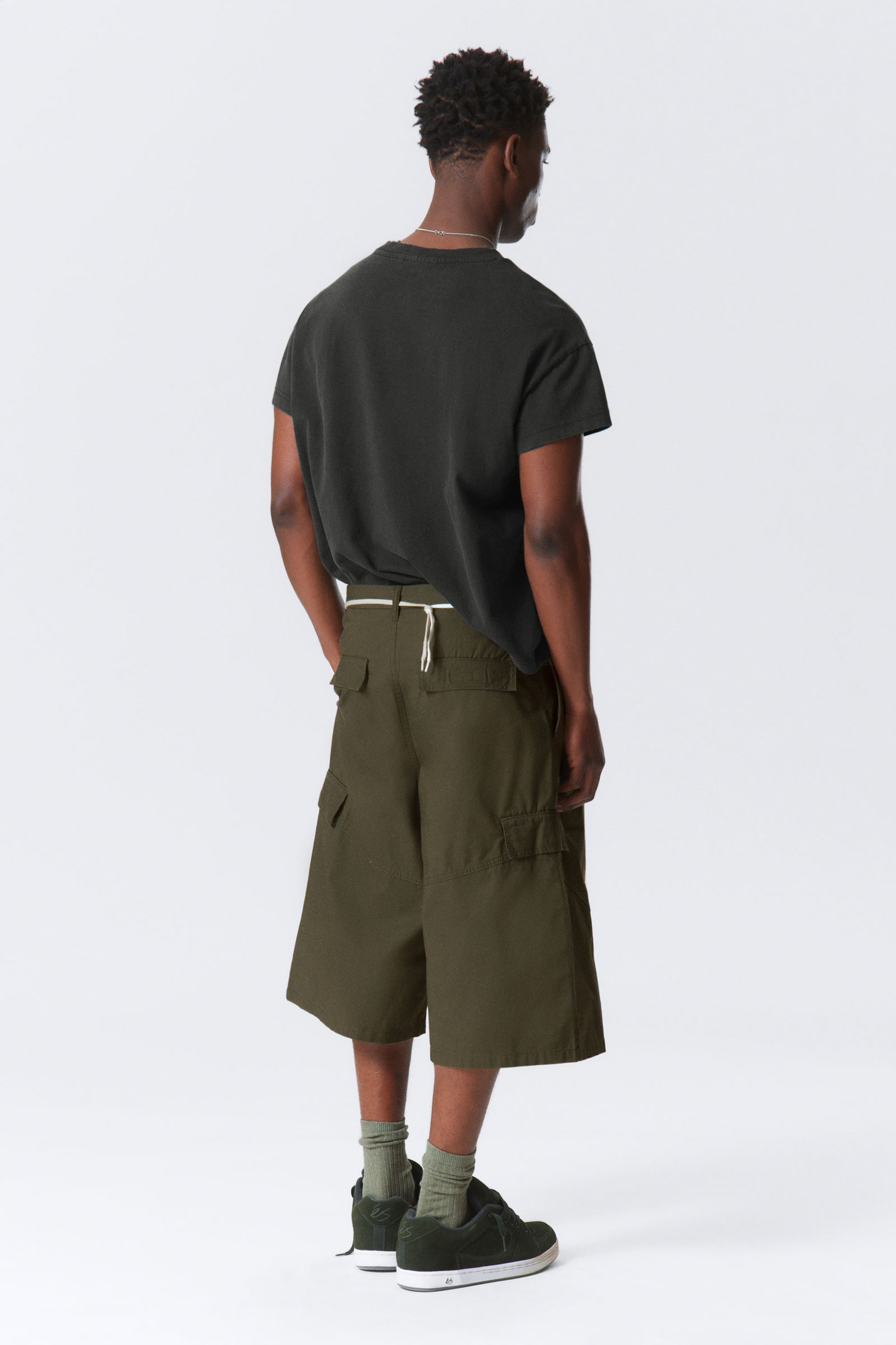 Dark Khaki Green - Loose Utility Cotton Twill Shorts - 4