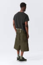 Dark Khaki Green - Loose Utility Cotton Twill Shorts - 4