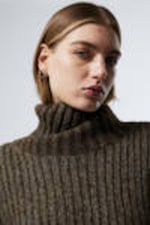 Dark Mole Melange - Loose Knitted Turtleneck Sweater - 1