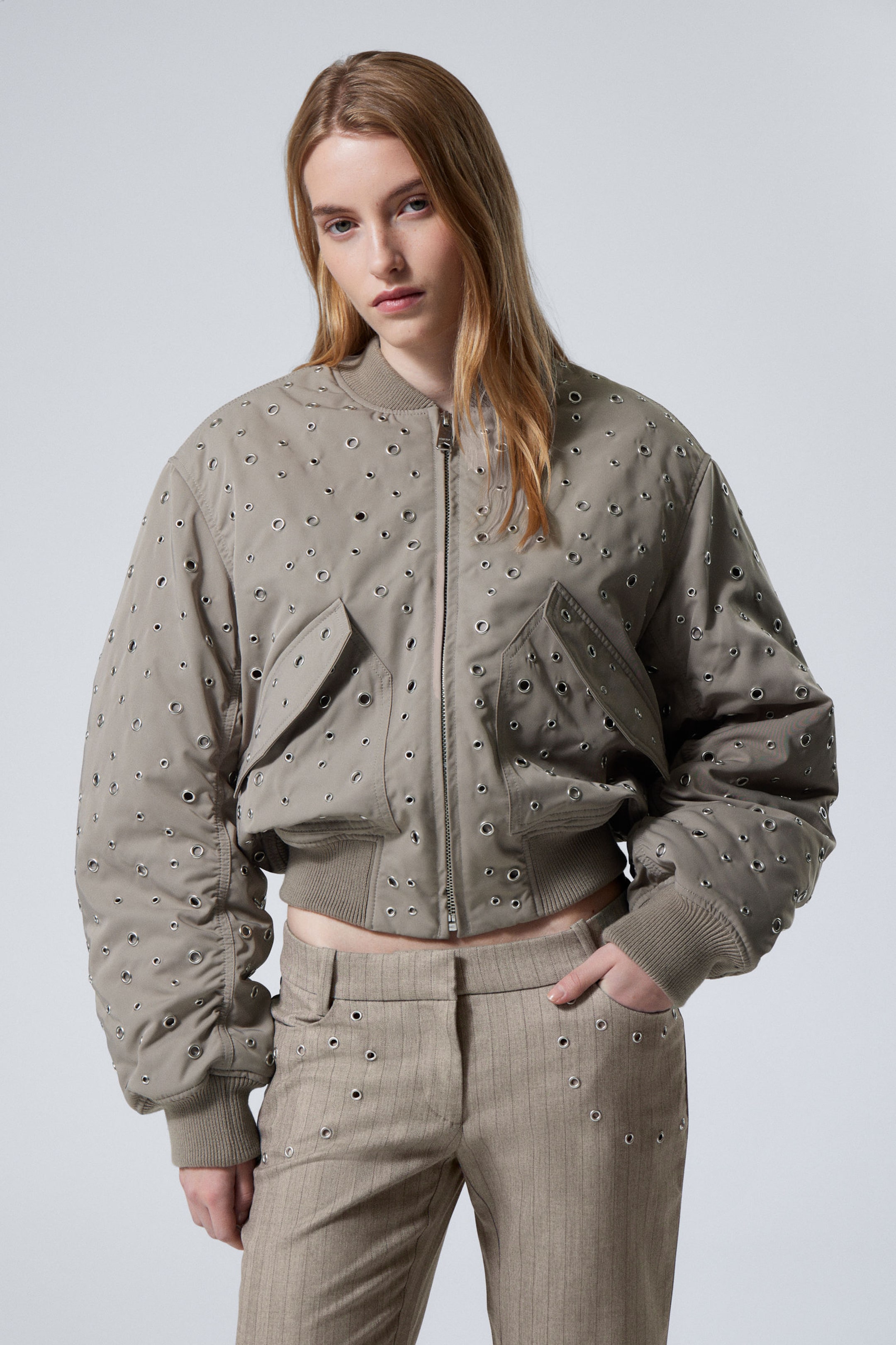 #7F7A72 - Cropped Eyelet Bomber Jacket - 2