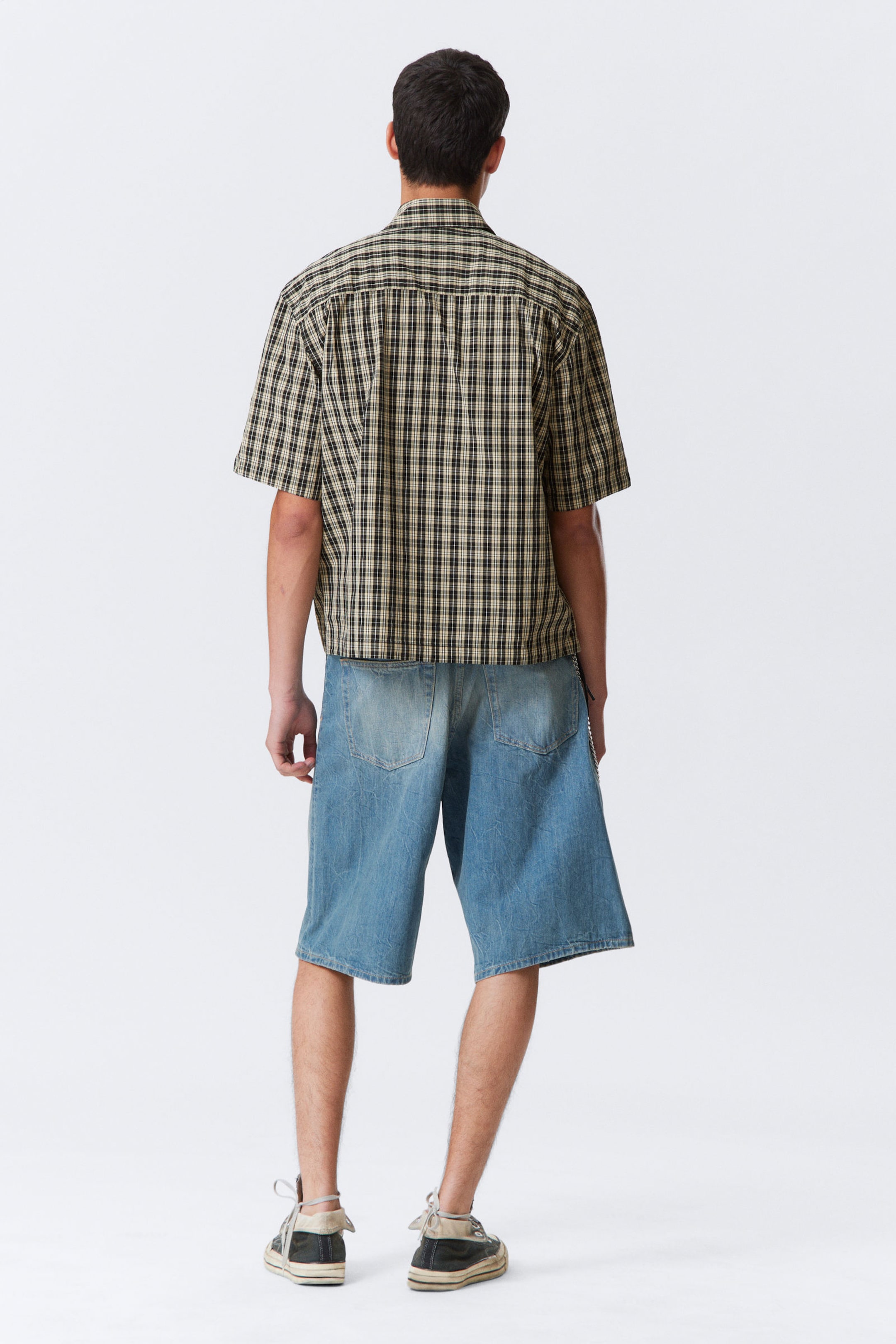Beige Check - Relaxed Fit Short-Sleeved Cotton Shirt - 2