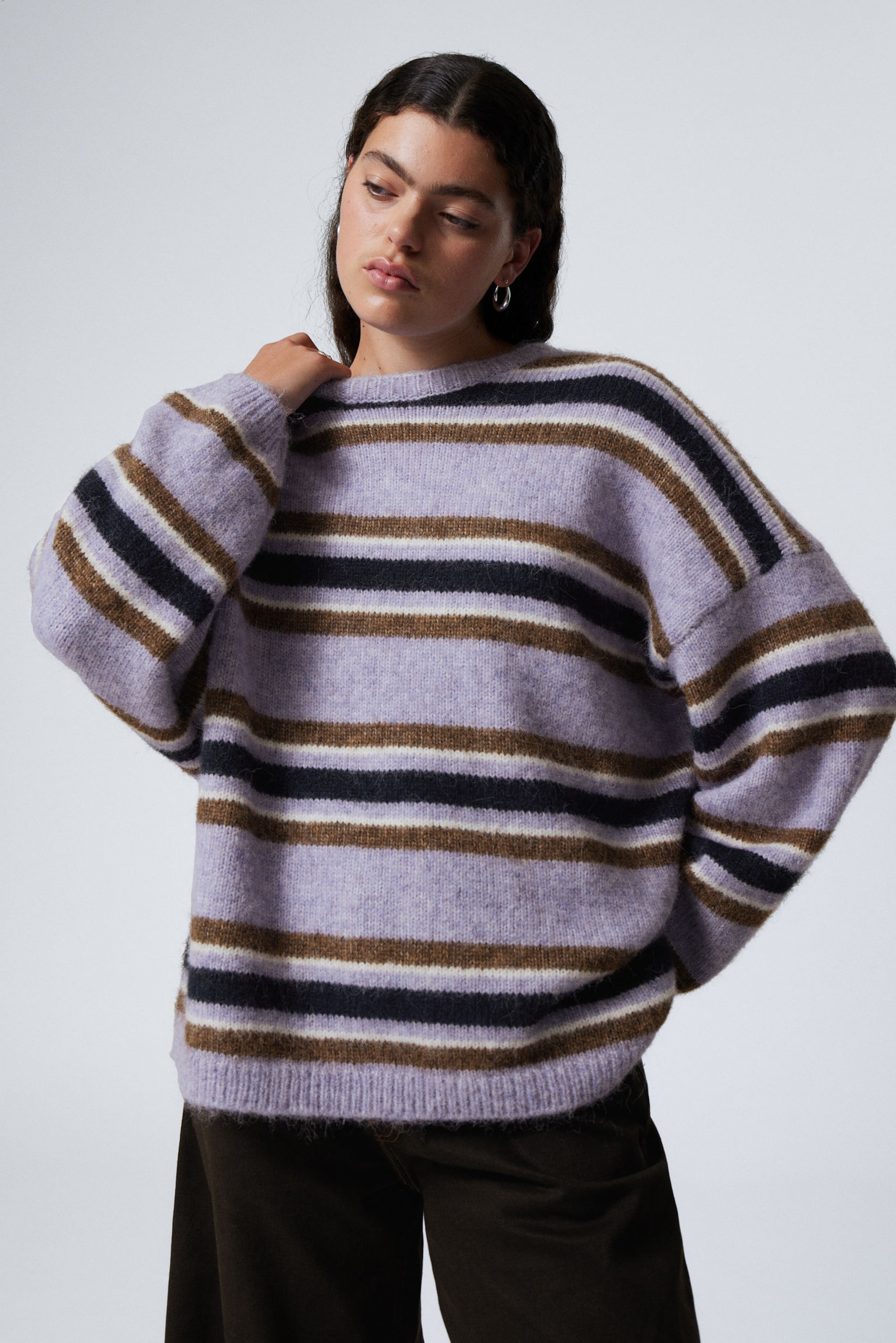 Purple Multi Stripe - Loose Graphic Knitted Sweater - 1