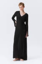 Black - Sheer Long-Sleeved V-neck Maxi Dress - 0