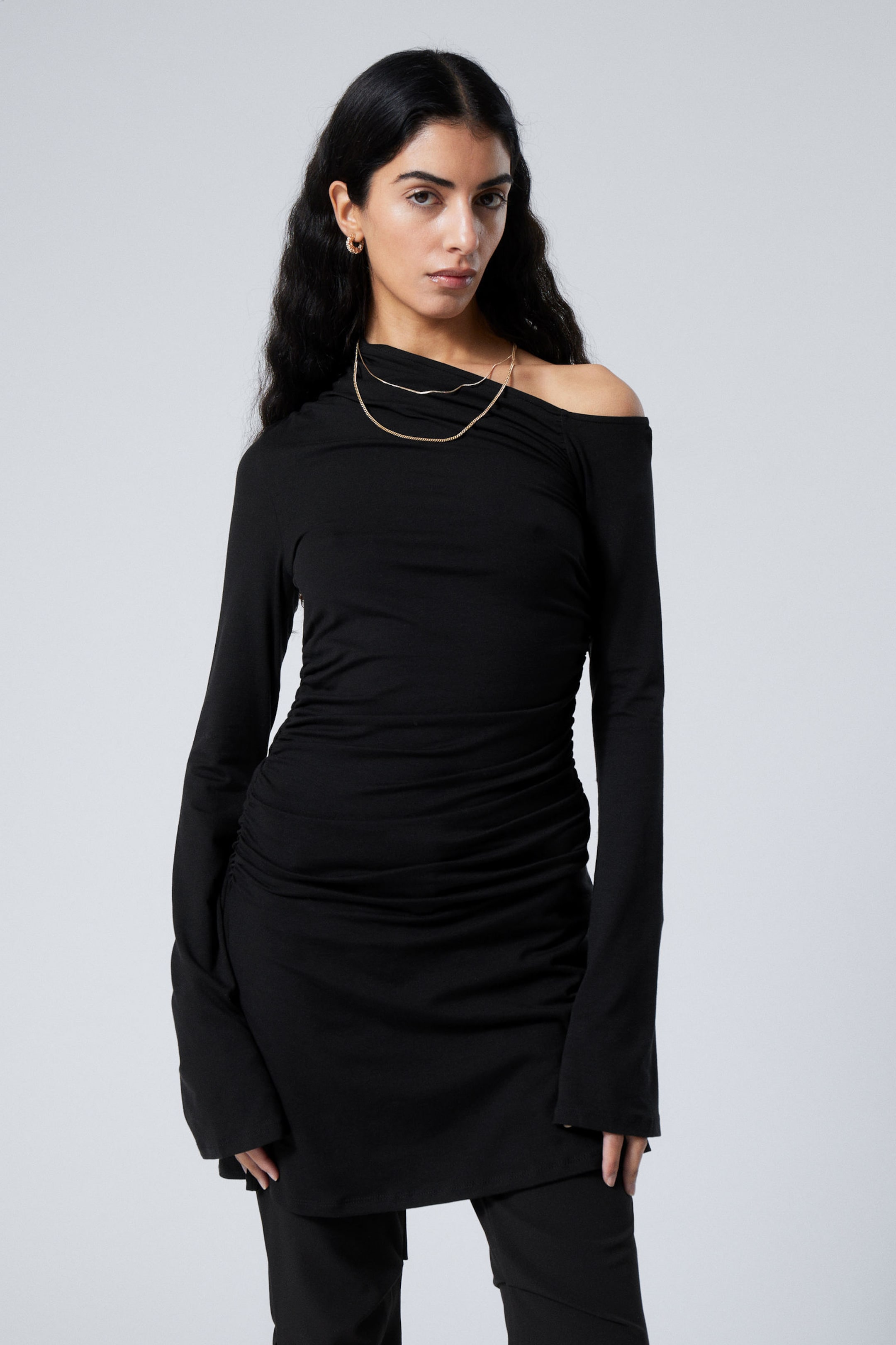 Black - Gathered Mini Long Sleeve Dress - 1