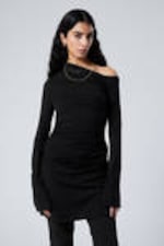 Black - Gathered Mini Long Sleeve Dress - 1