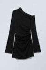 Black - Gathered Mini Long Sleeve Dress - 3