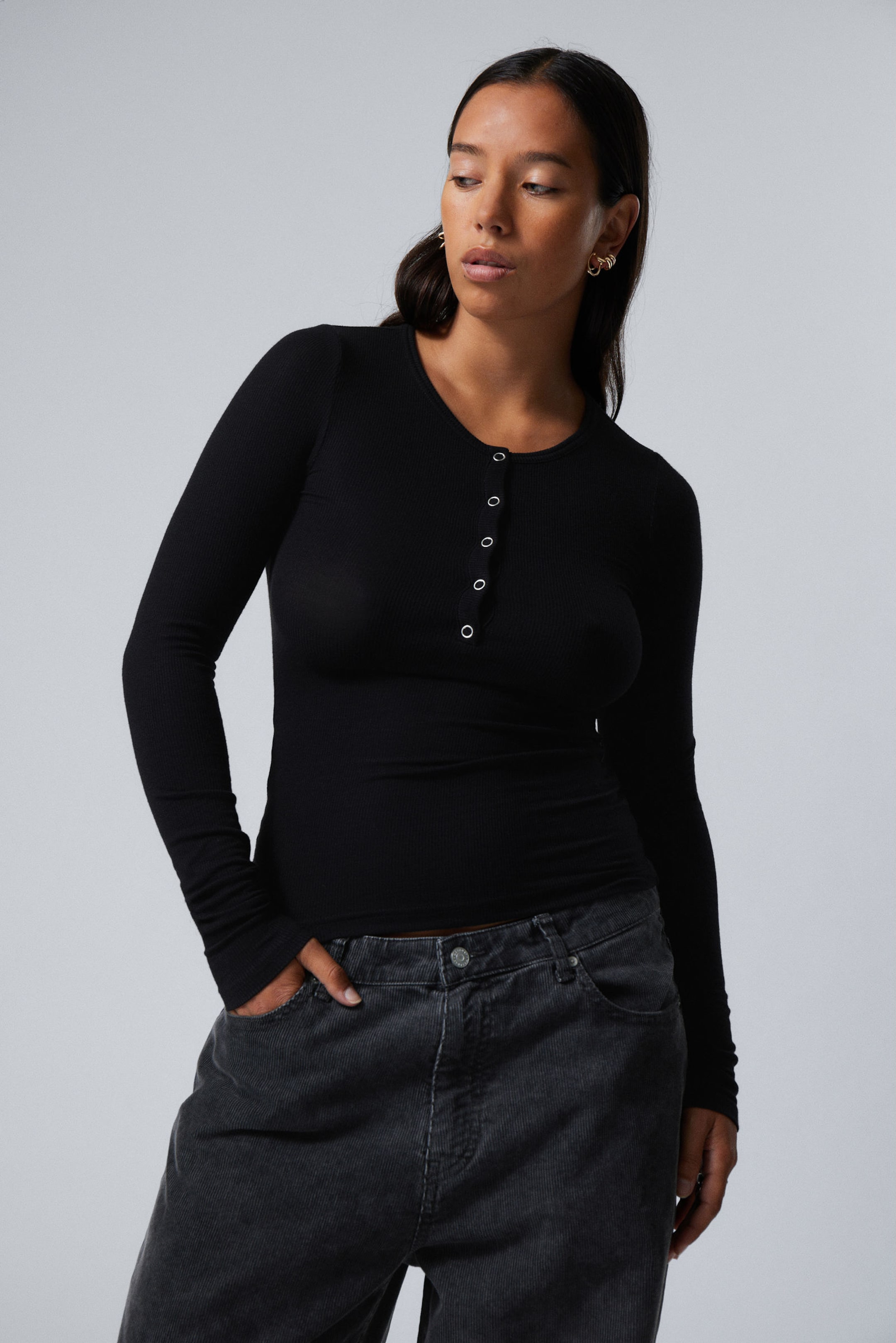 Black - Sheer Rib Long Sleeve Henley Top - 0