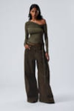 Khaki Green - Off-shoulder Drape Top - 1