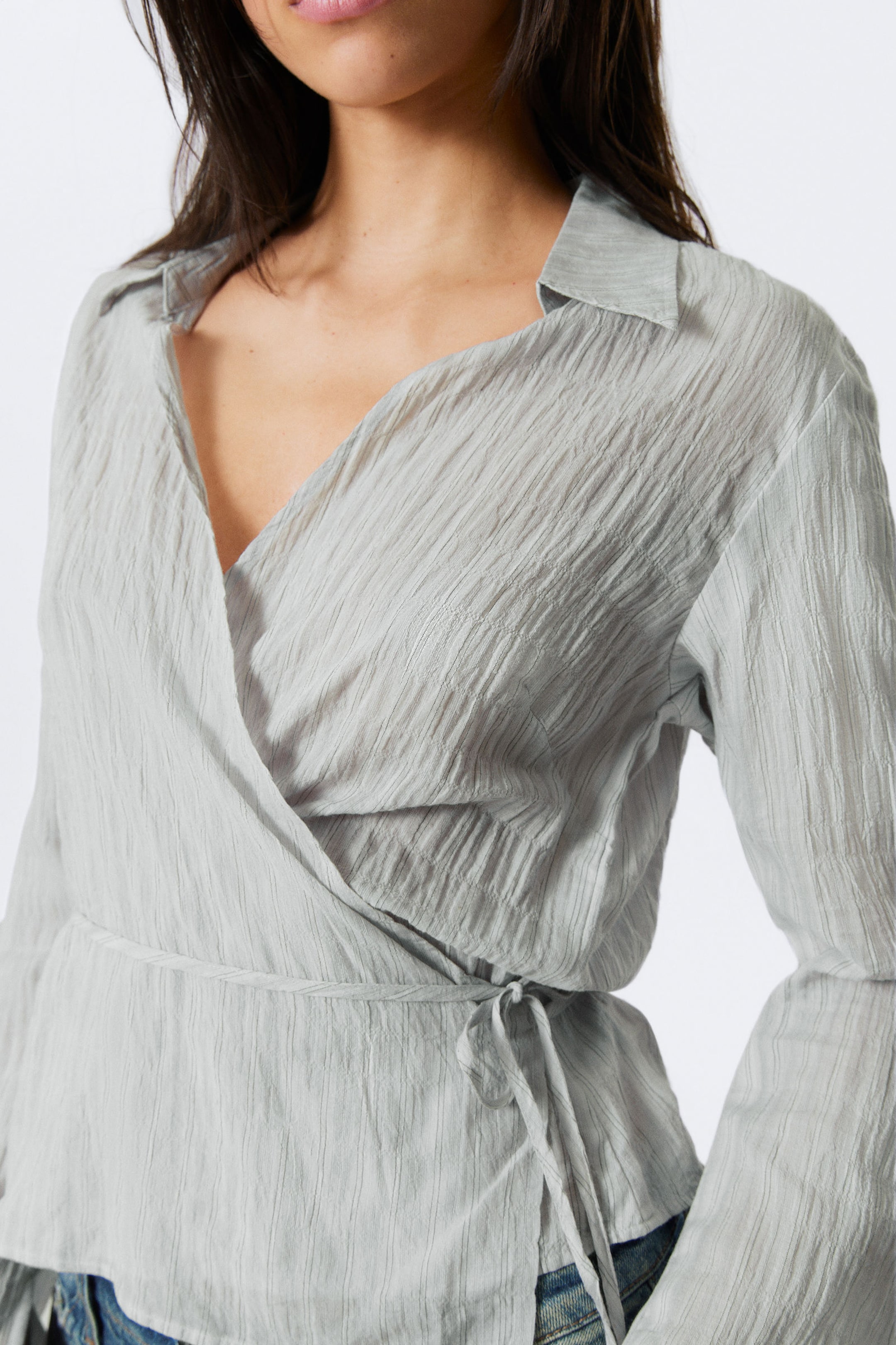 #BABBBD - Textured Long-Sleeved Wrap Shirt - 2