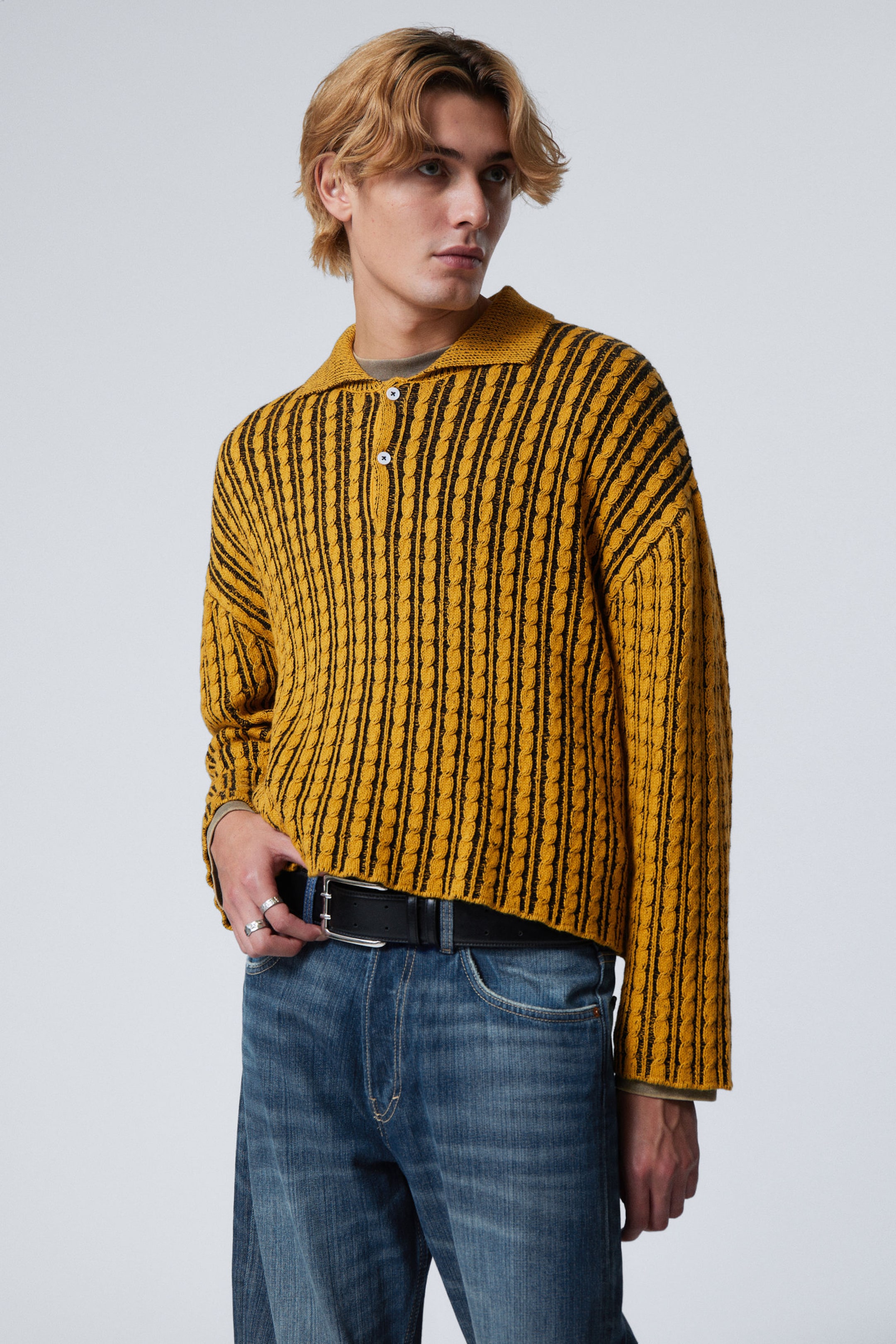 #C0B342 - Boxy Cable-Knit Polo Sweater - 1