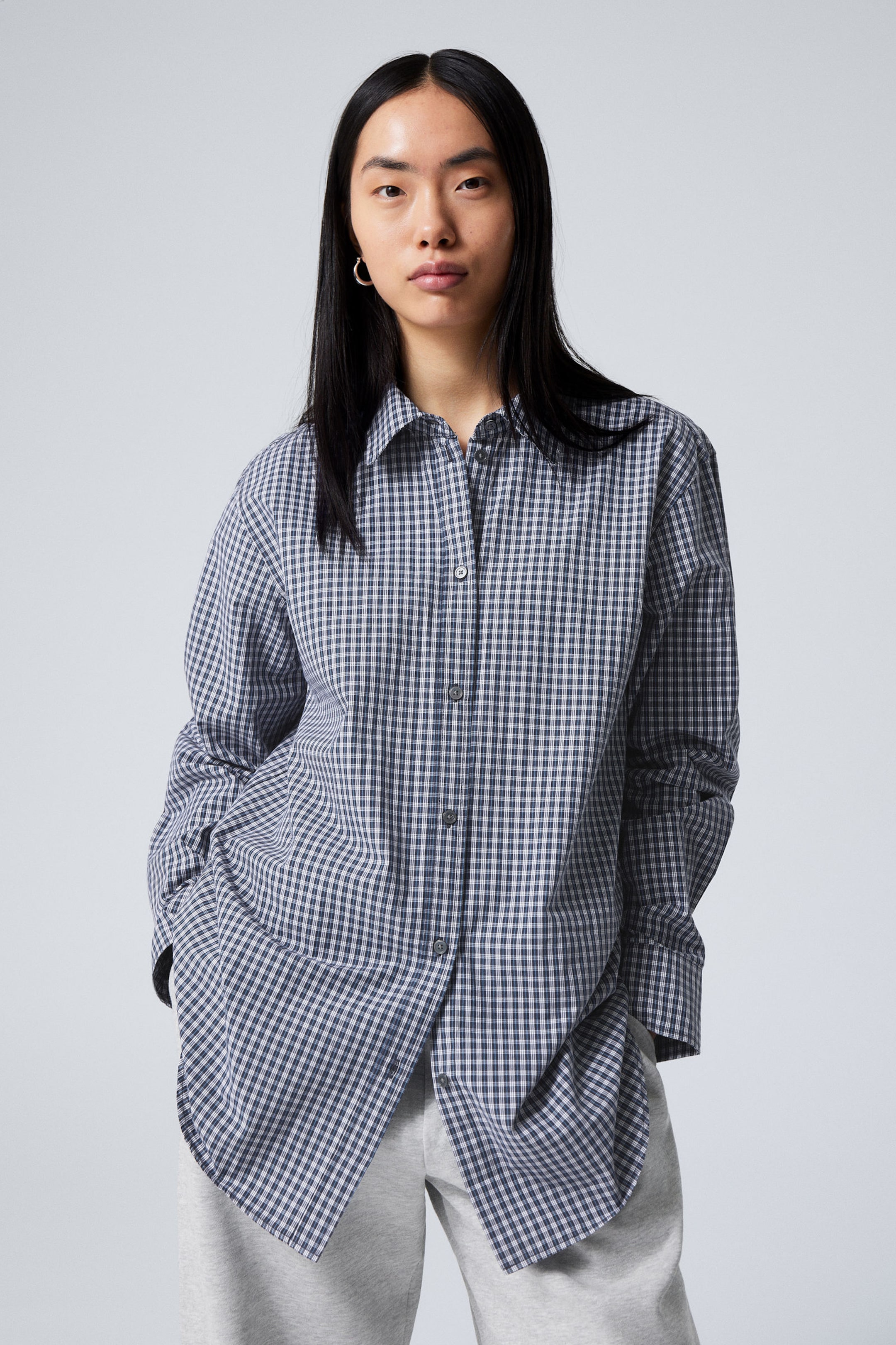 Dark Blue Check - Long-Sleeved Oxford Cotton Shirt - 2