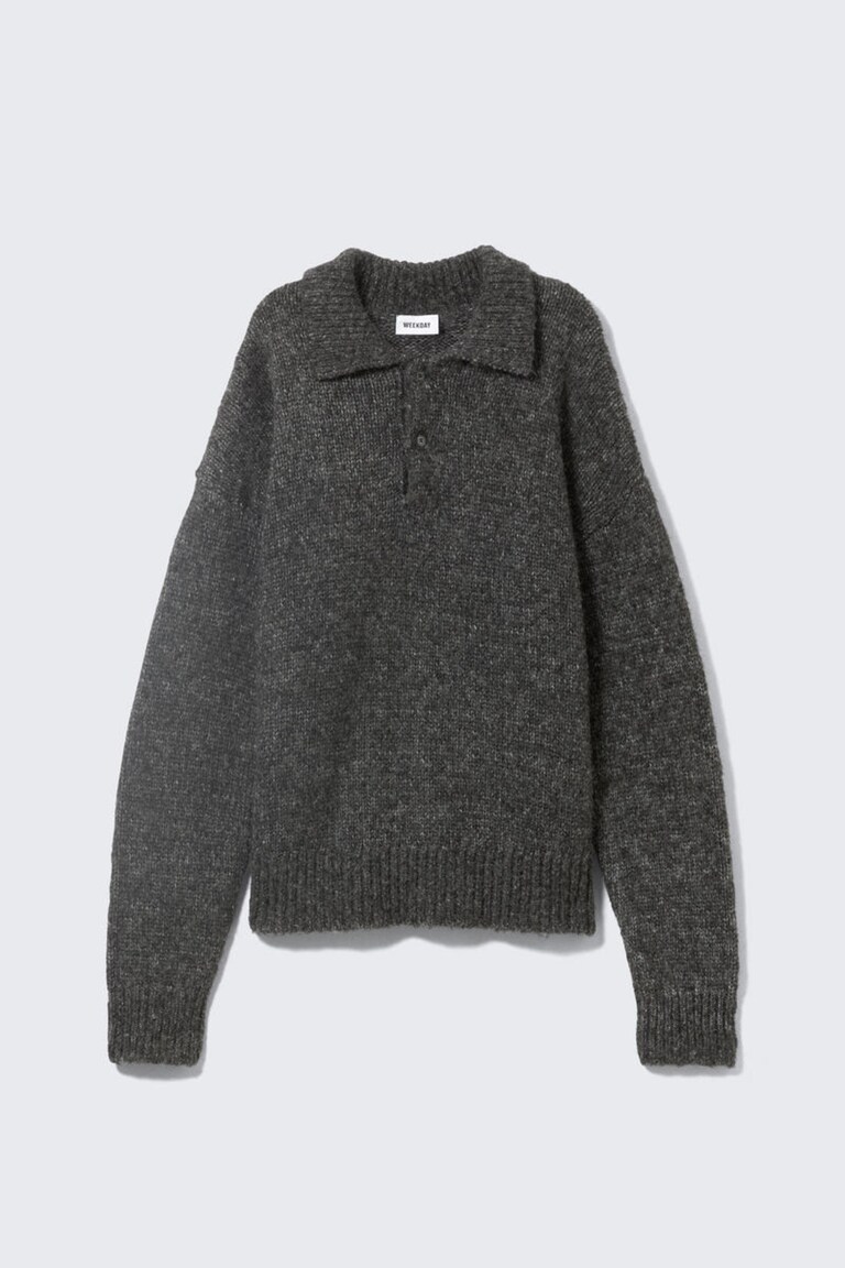 Grey ribbed knit polo sweater