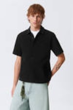 Black - Knitted Short-Sleeved Button-Up Shirt - 0