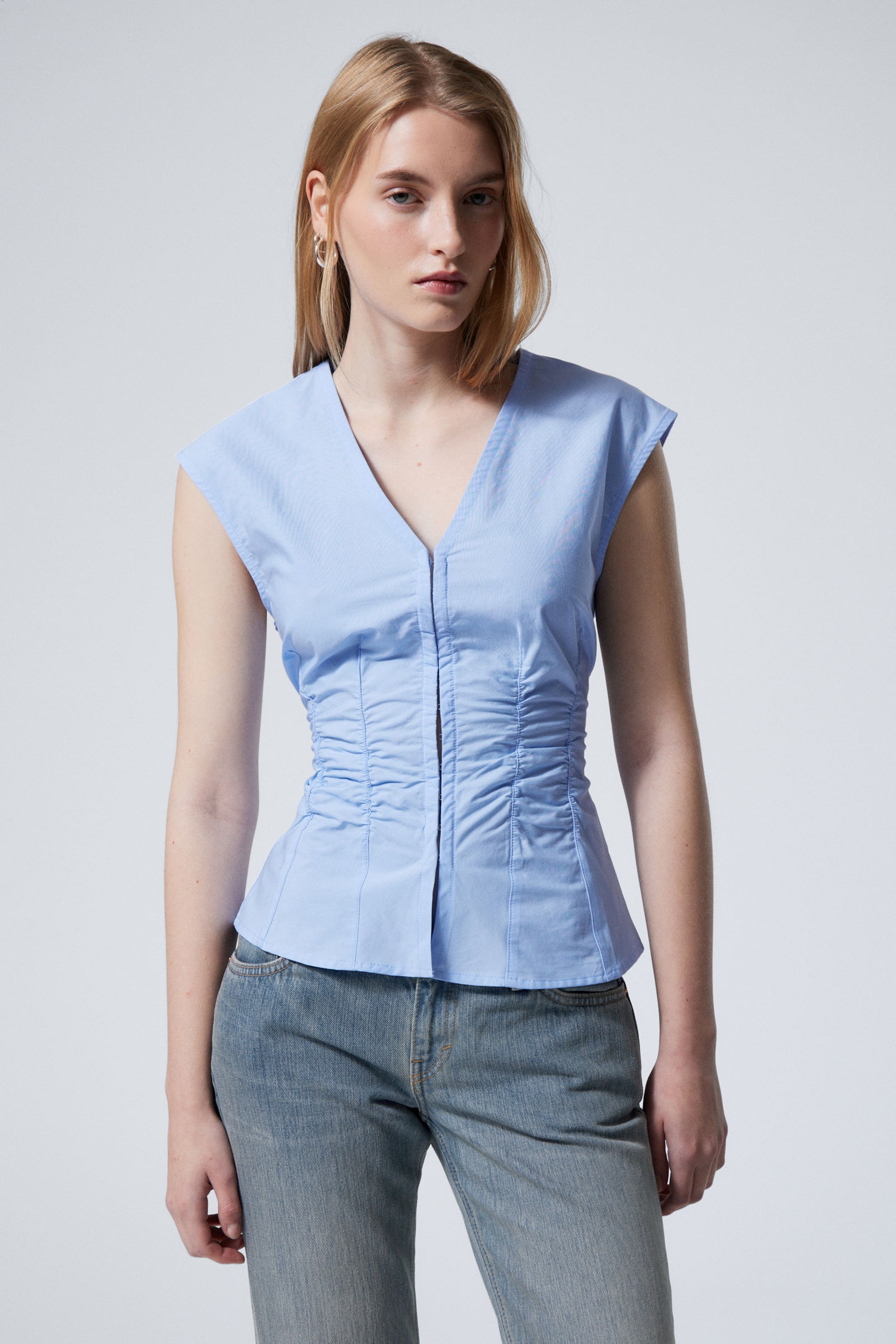 #90B0D6 - Sleeveless Gathered Poplin Top - 1