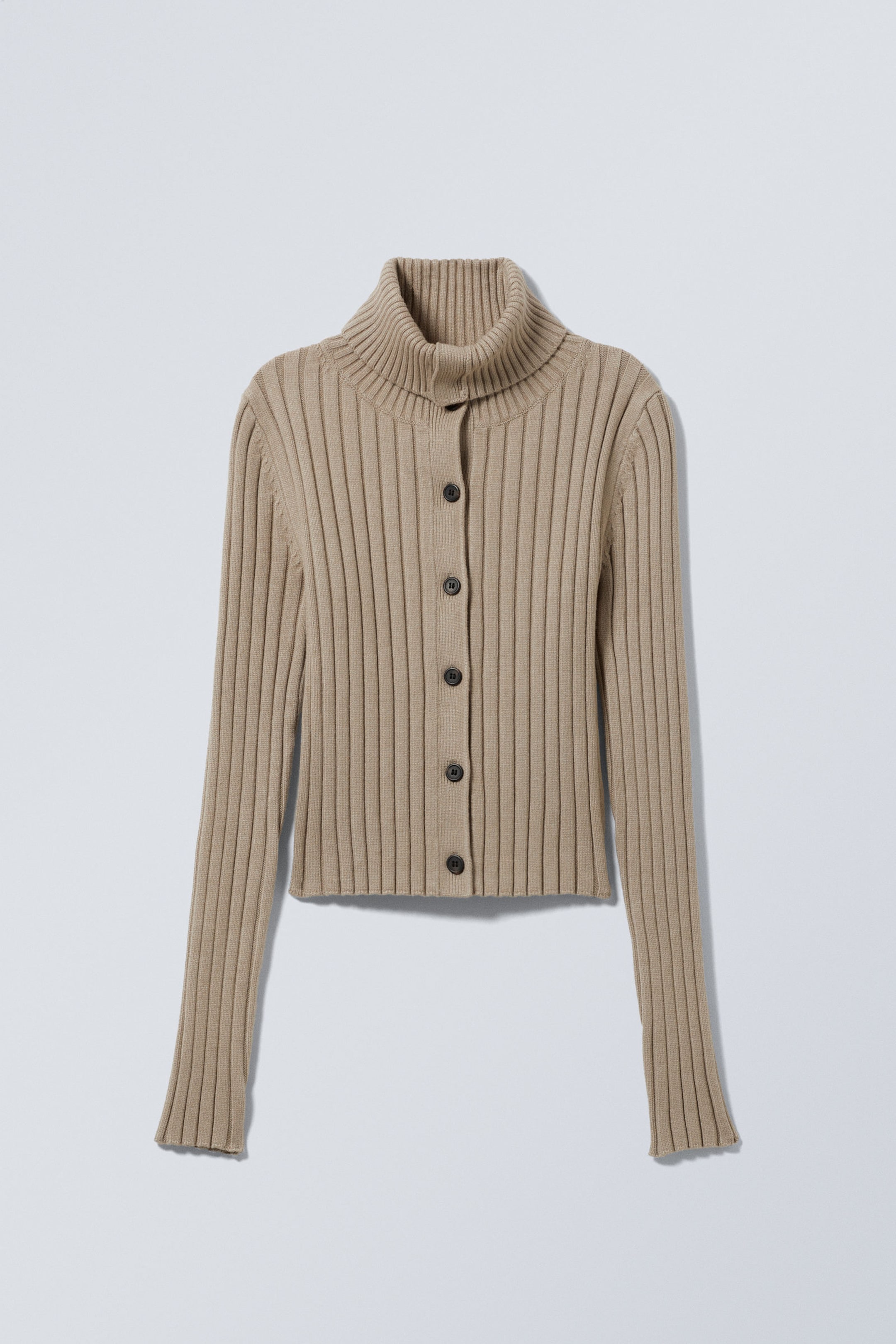 Dusty Beige - Slim Knitted Turtleneck Cardigan - 2