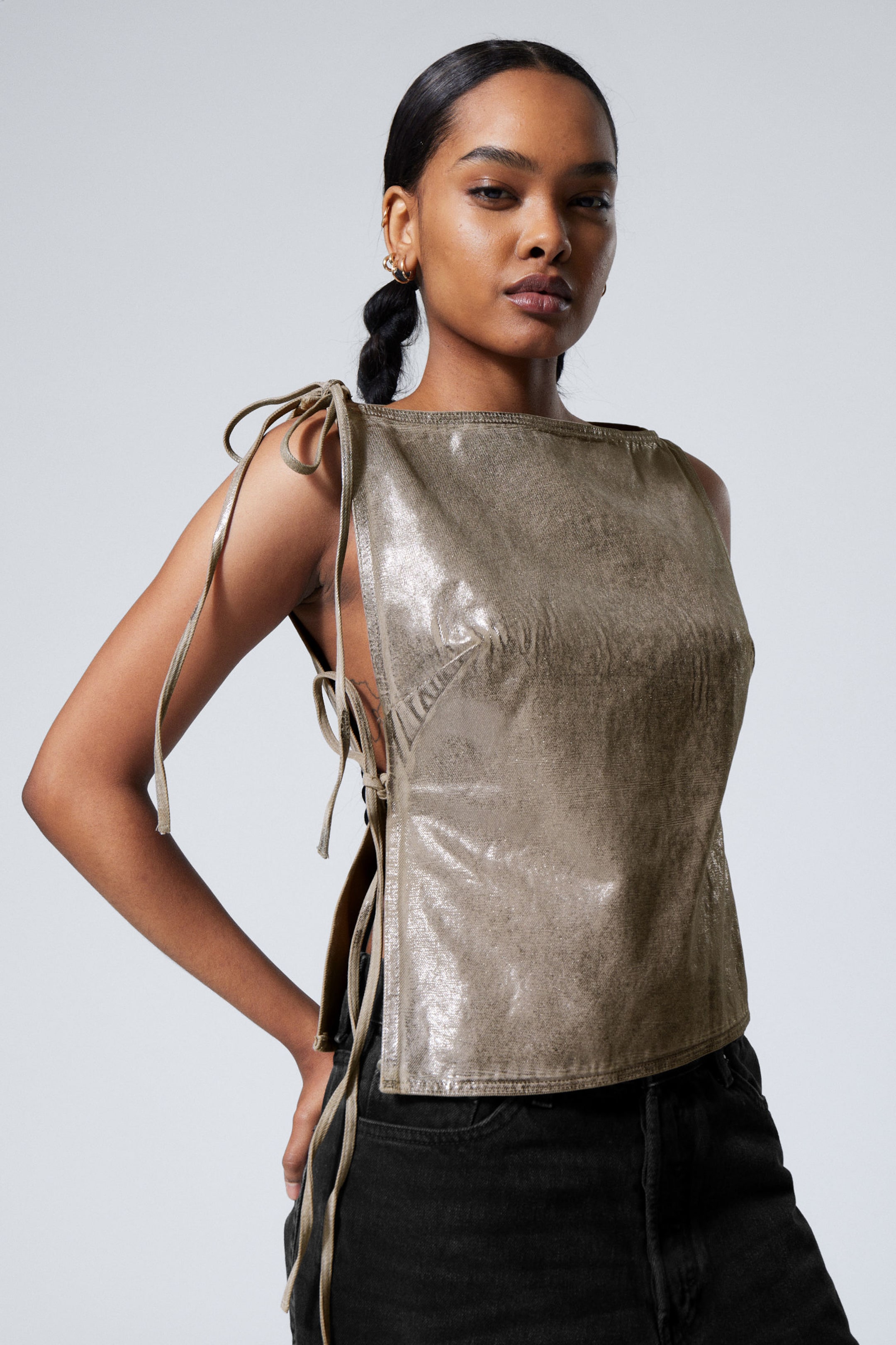 #7F7A72 - Sleeveless Metallic Strap Top - 2