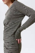 Schwarz/Grau gestreift - Drapiertes, asymmetrisches Langarm-Minikleid - 1