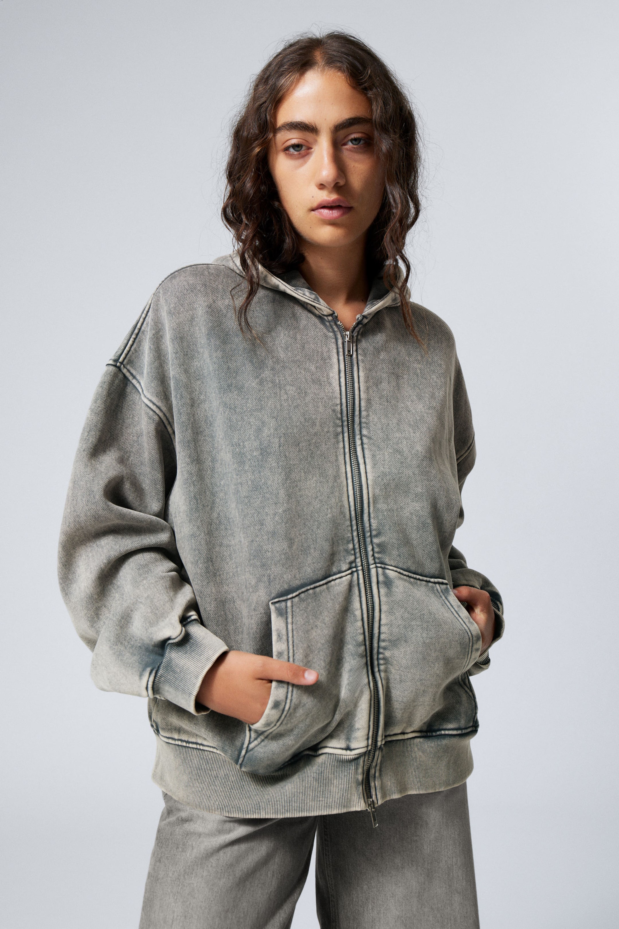 Turkoois met wassing - Washed Loose Fit Zip Hoodie - 0