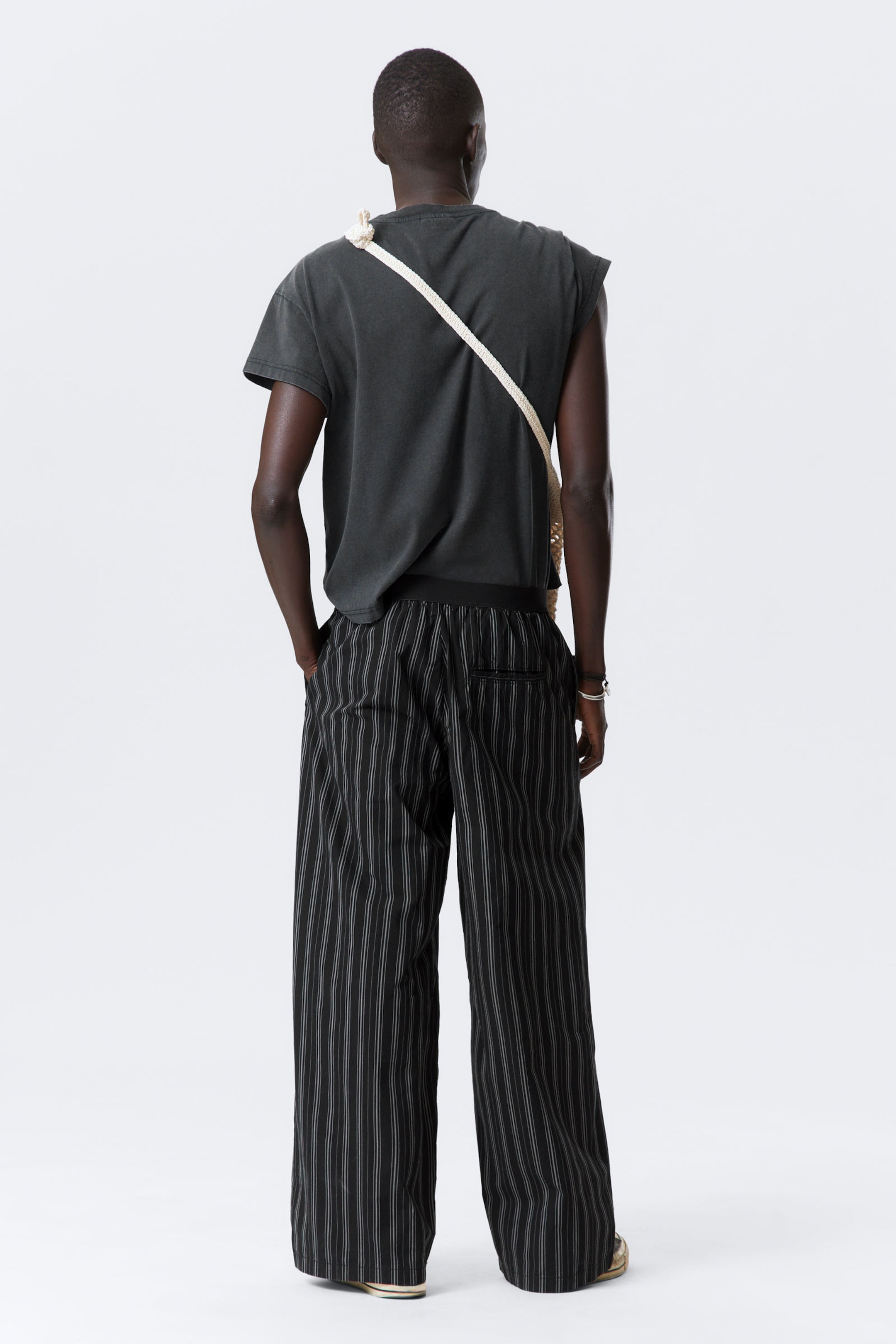 Striped Black - Striped Loose Cotton Pyjama Trousers - 2