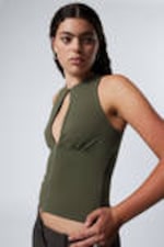 Khaki Green - Slim Sleeveless Zip Top - 1