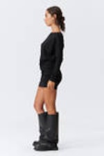 Schwarz - Drapiertes, asymmetrisches Langarm-Minikleid - 2