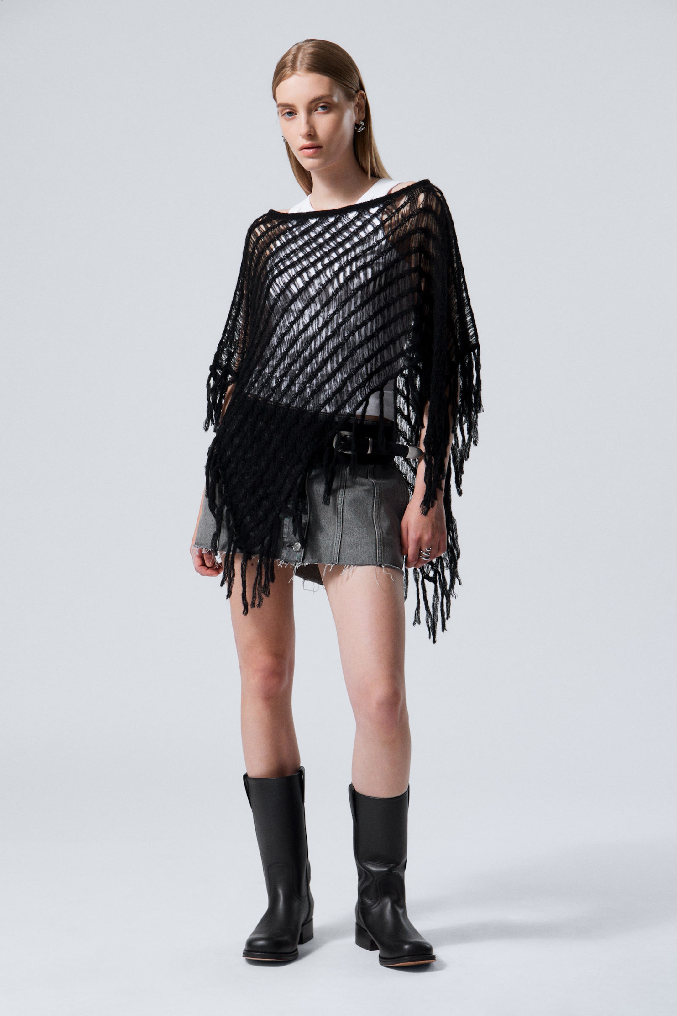 Black - Knitted Wool Blend Poncho - 1