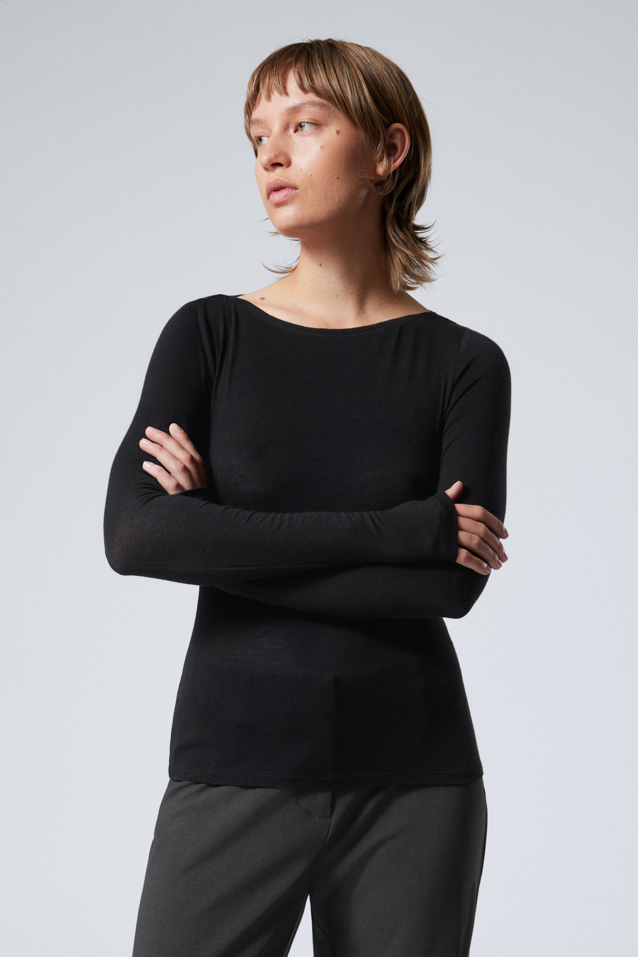 Black - Boatneck Long Sleeve Top - 0