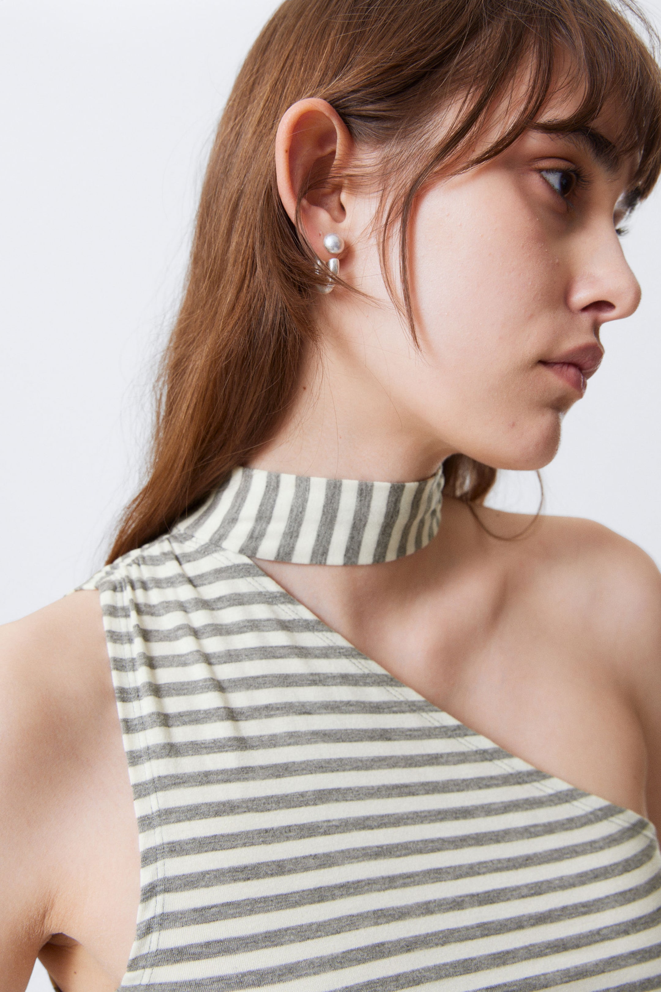 Grey & White Stripe - Lyocell One-shoulder Tie Top - 2