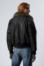 Black - Loose Fit Faux Leather Bomber Jacket - 4