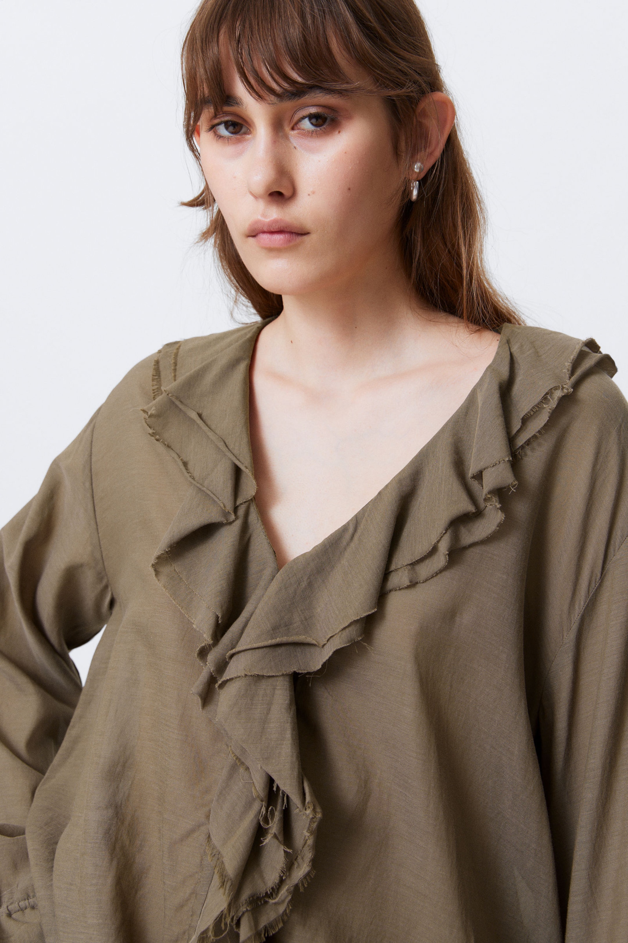 #6C655F - Frilled Long-Sleeved Wrap Blouse - 2