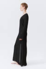 Black - Sheer Long-Sleeved V-neck Maxi Dress - 1