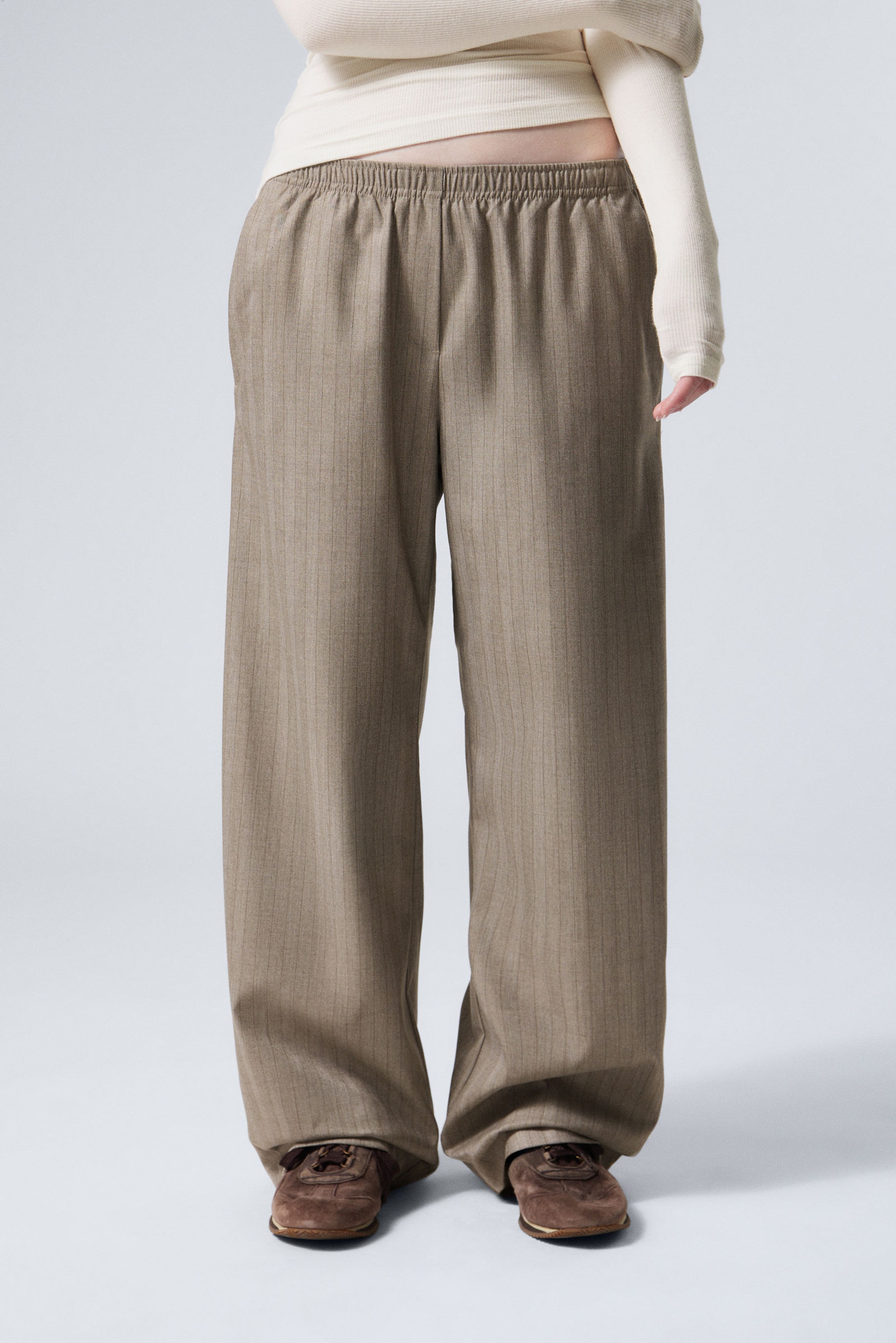 Beige Pinstripe - Wide Pull On Suiting Trousers - 1