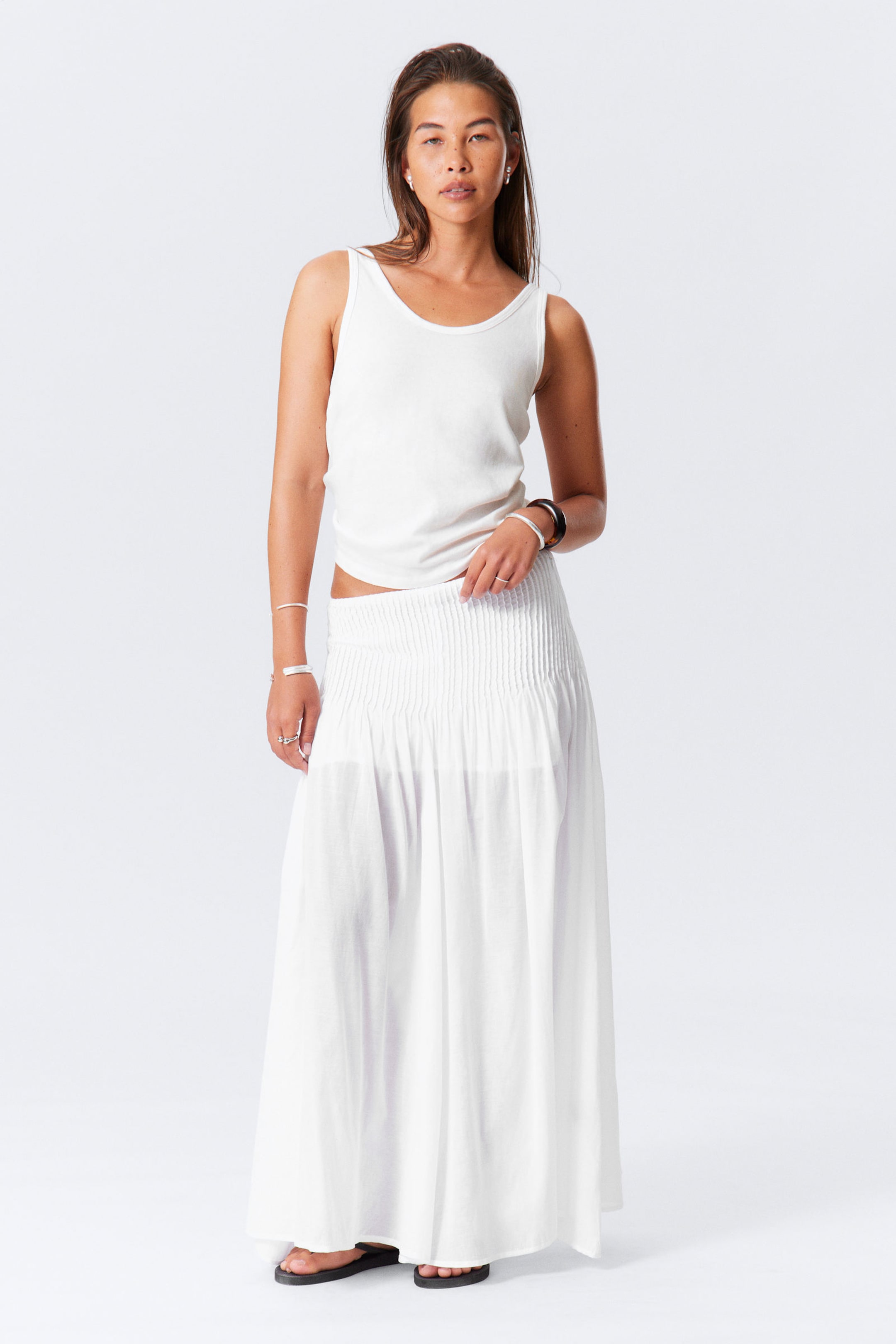 #FFFFFF - Pleated Mid Rise Maxi Skirt - 1