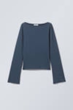 Dark Blue - Annie Long-Sleeved Boat-Neck Top - 2