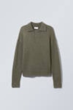 Khaki Green - Bobby Relaxed Knitted Polo Sweater - 0