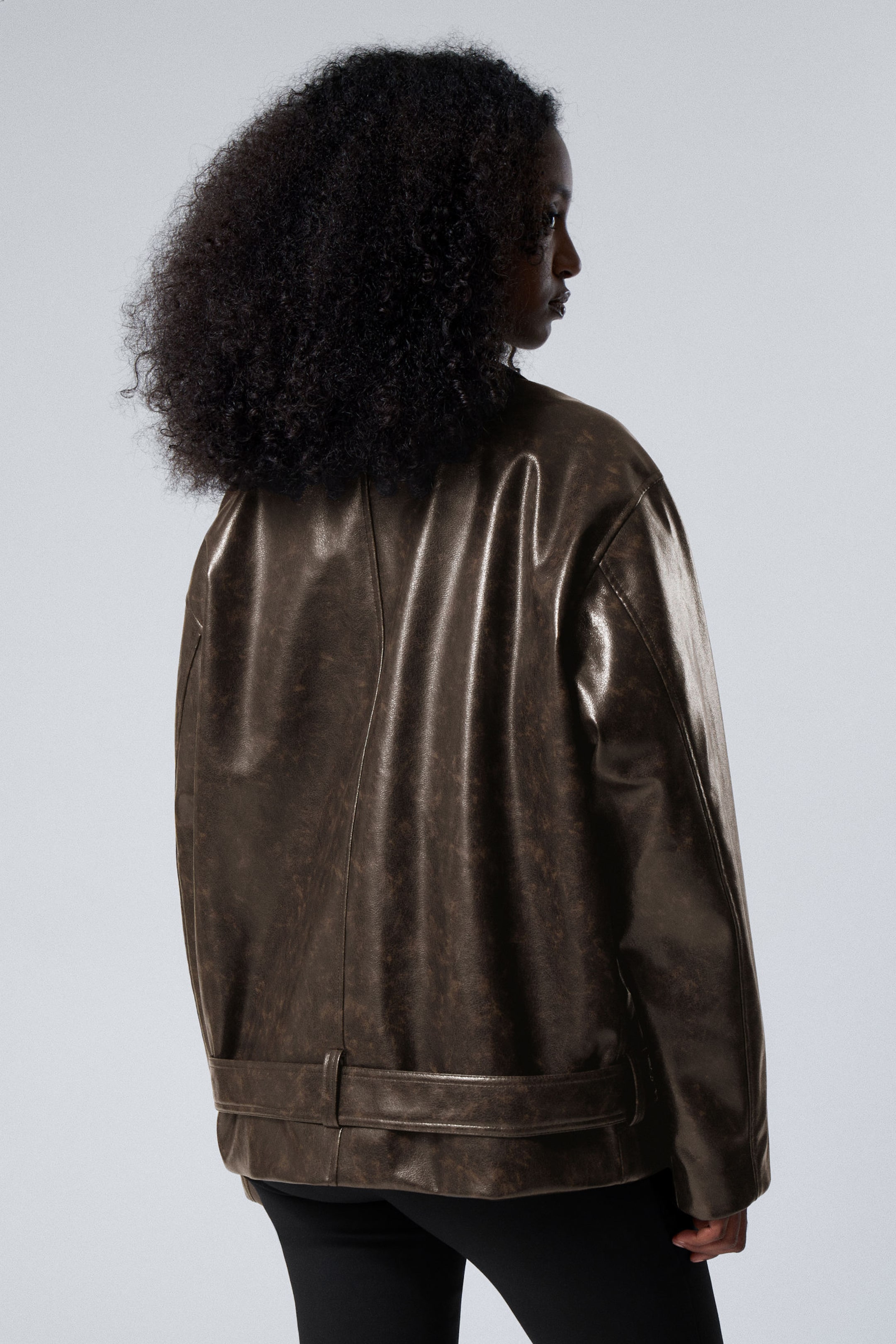 Dark Brown - Oversized Faux Leather Biker Jacket - 4